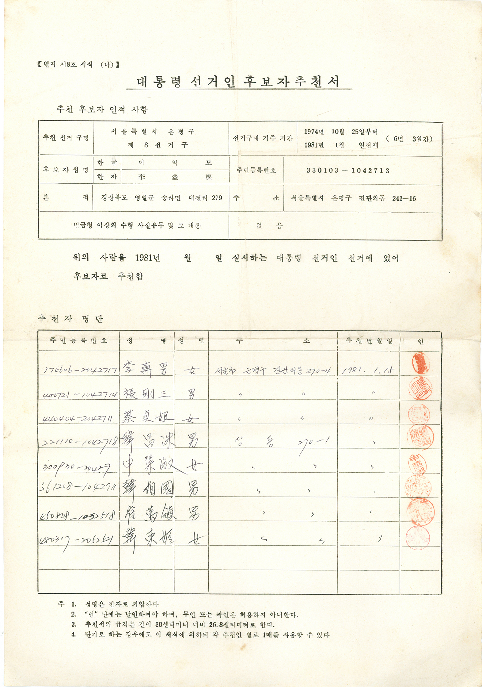 대통령선거인 후보자추천서