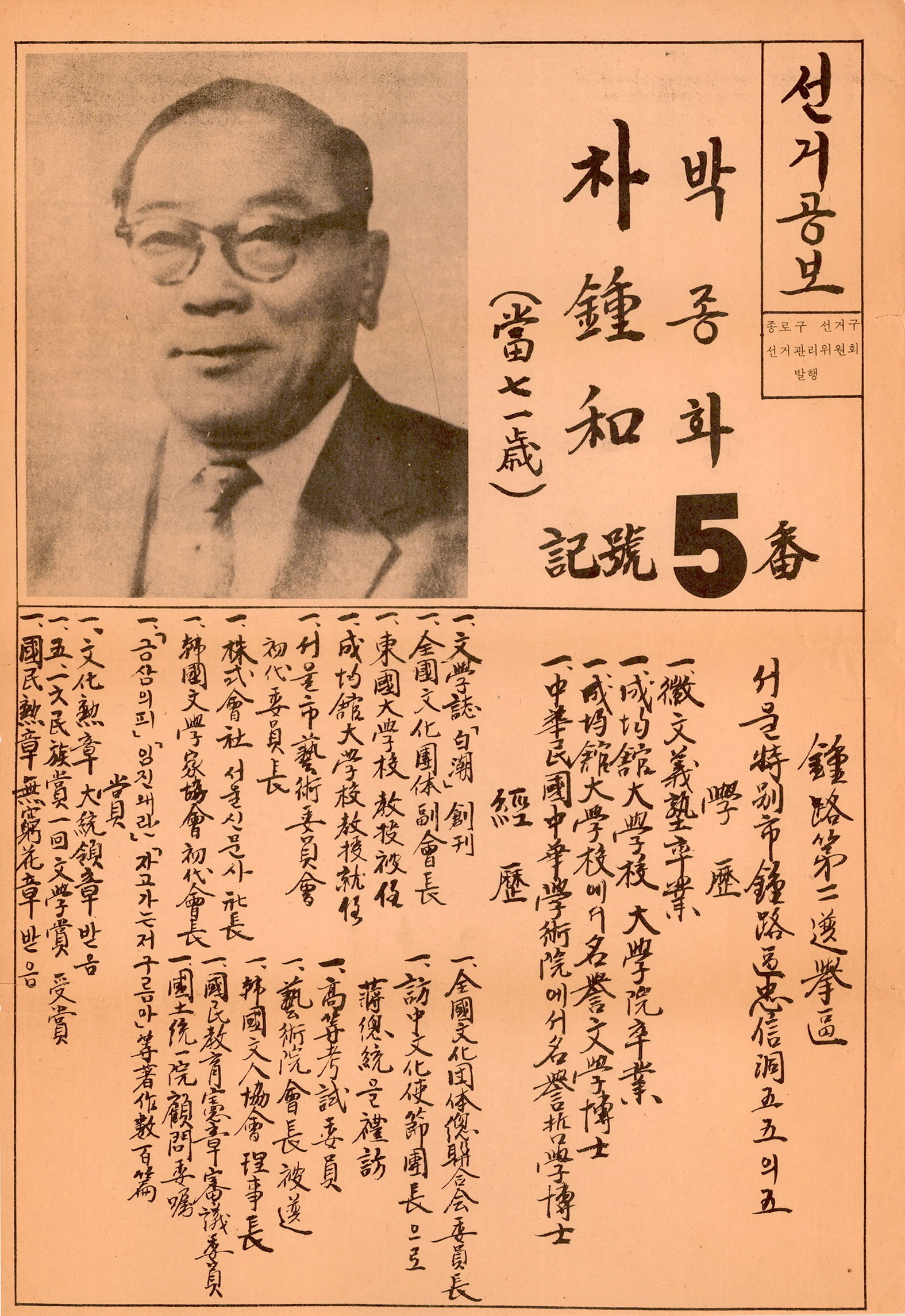 제1대 통일주체국민회의대의원선거 박종화 후보 선거공보