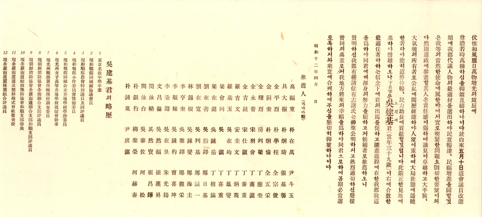일제강점기 전남도의회의원선거 오건기 후보 추천문서 및 봉투