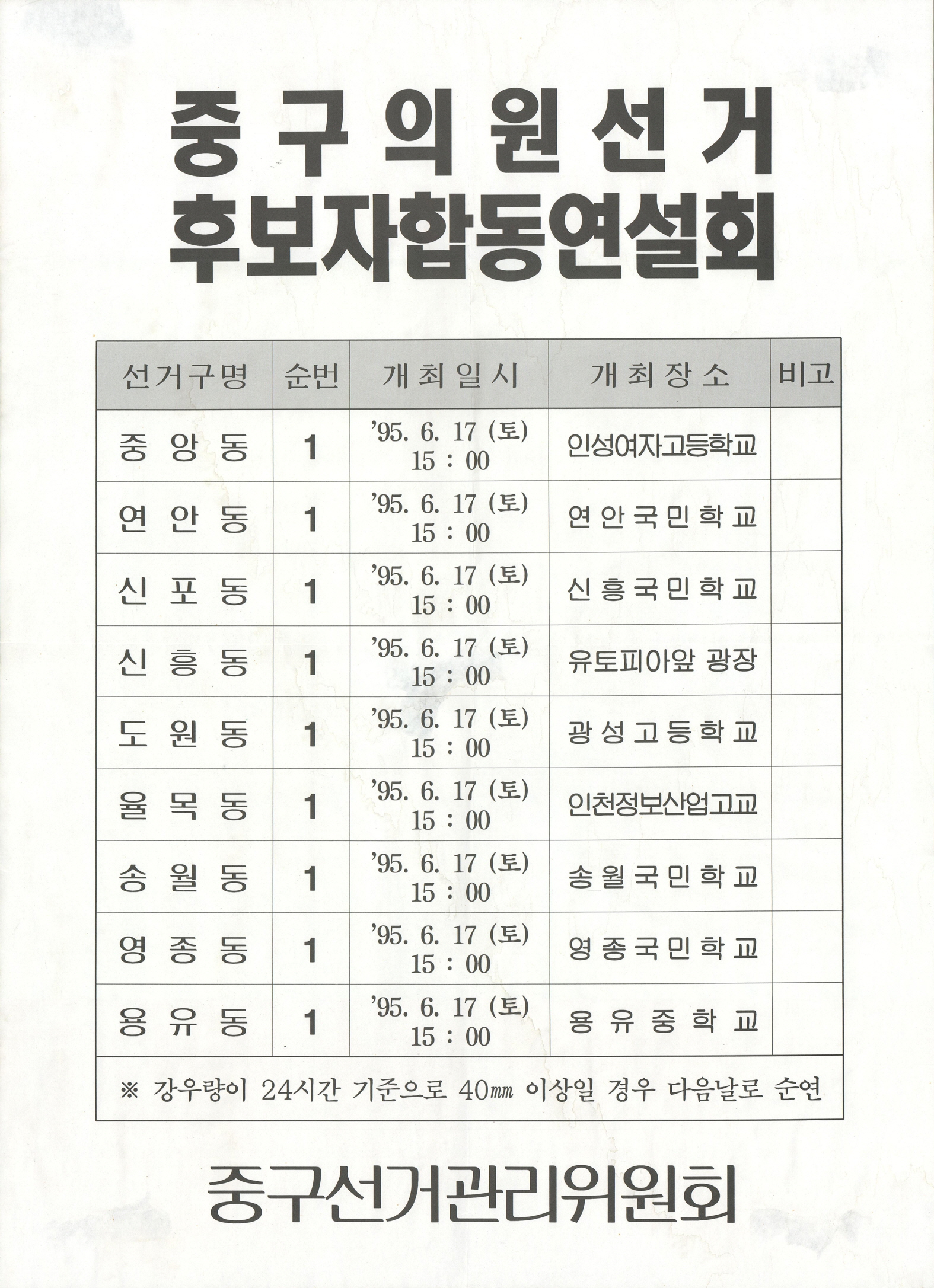 제1회 전국동시지방선거 중구의원선거 후보자합동연설회 안내문