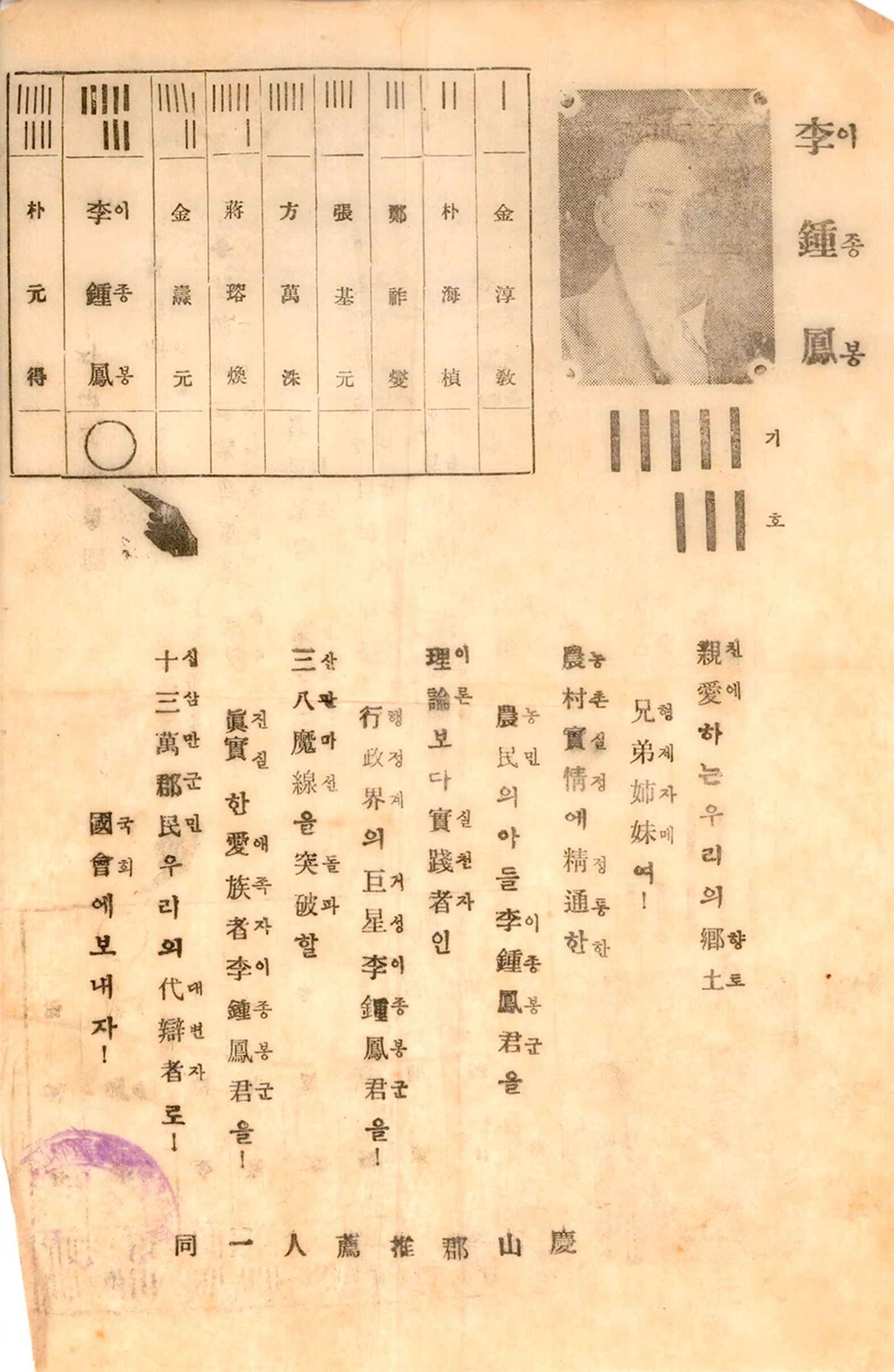 제2대 국회의원선거 이종봉 후보 선전문서