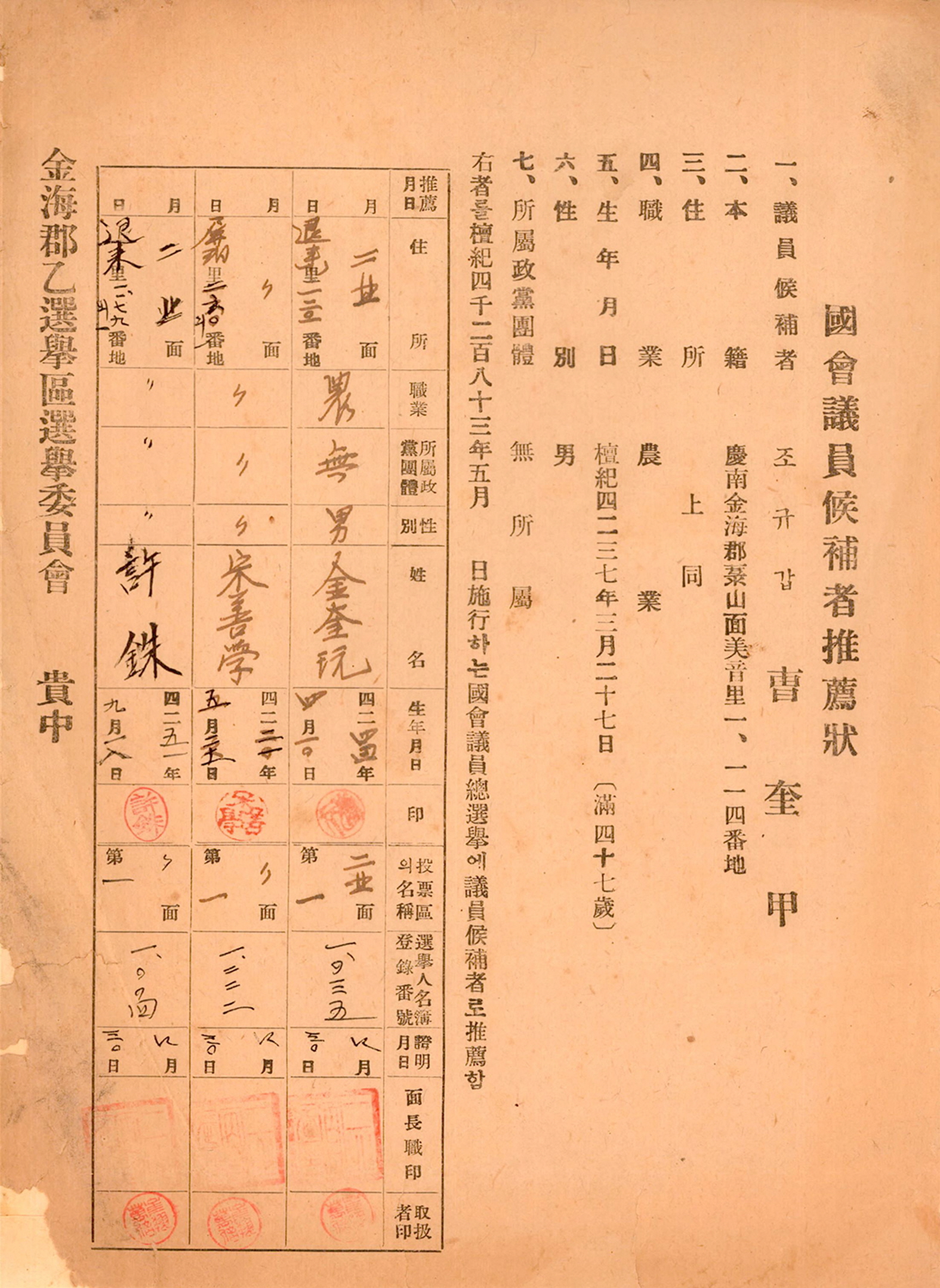 제2대 국회의원선거 조규갑 후보 추천장