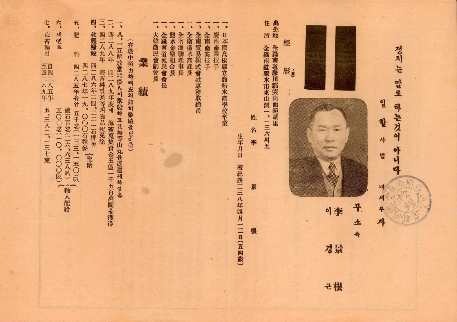 제4대 민의원의원선거 이경근 후보 선거공보