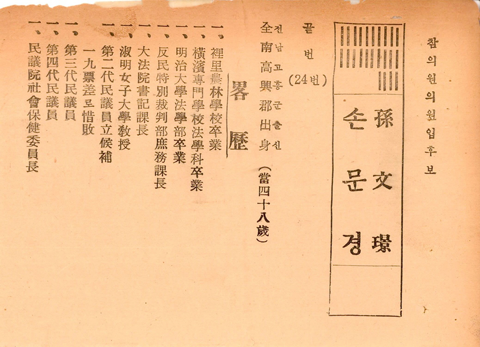 제1대 참의원의원선거 손문경 후보 소형인쇄물