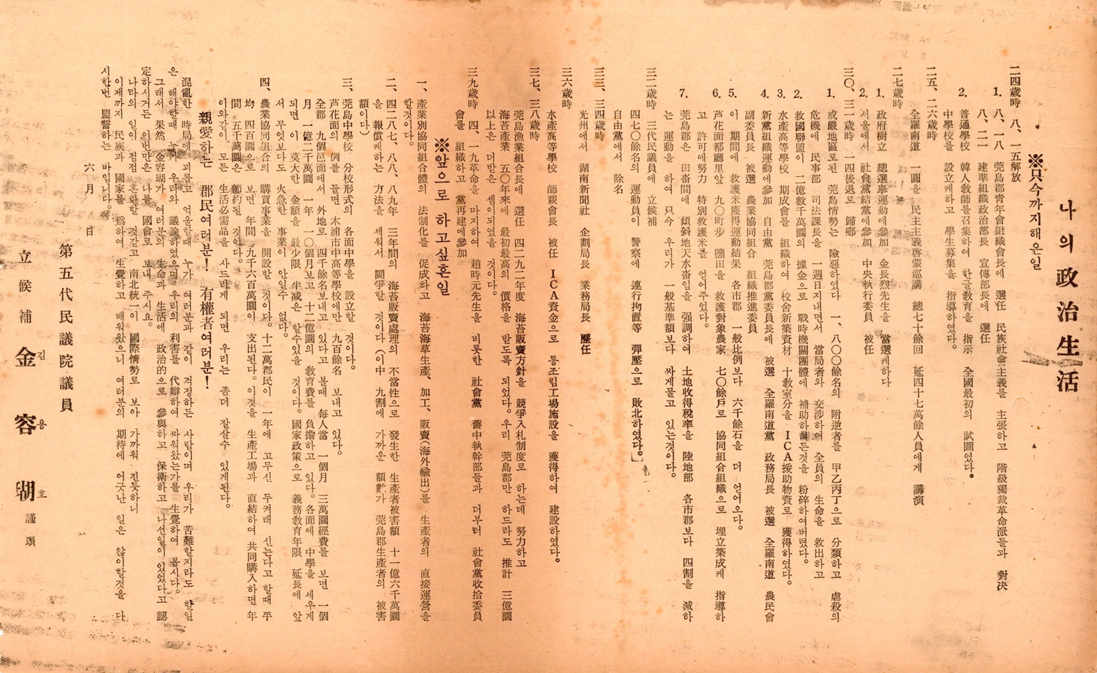 제5대 민의원의원선거 김용호 후보 선전문서