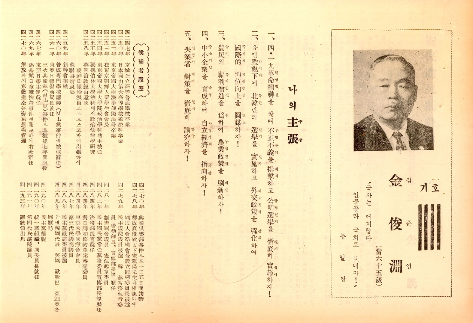 제5대 민의원의원선거 김준연 후보 선거공보