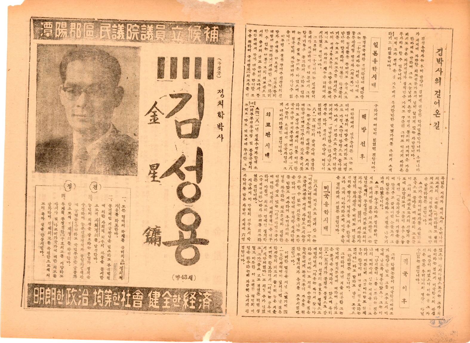 제5대 민의원의원선거 김성용 후보 선거공보