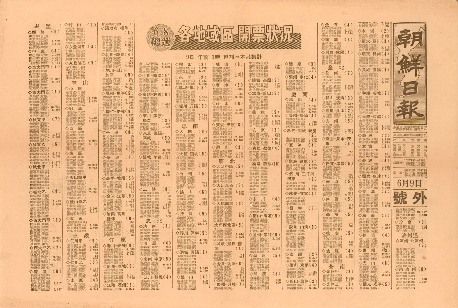 조선일보 호외 - 6·8총선 각 지역구 개표상황