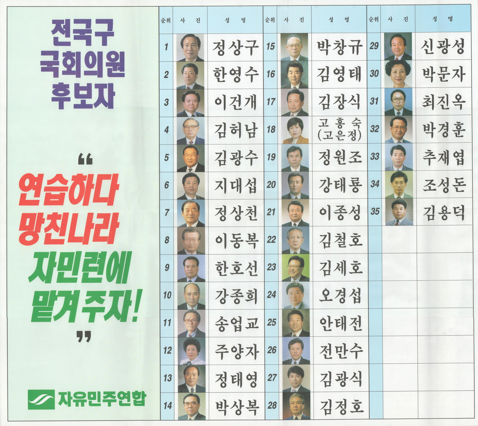 제15대 국회의원선거 자유민주연합 전국구국회의원 후보자 선전벽보
